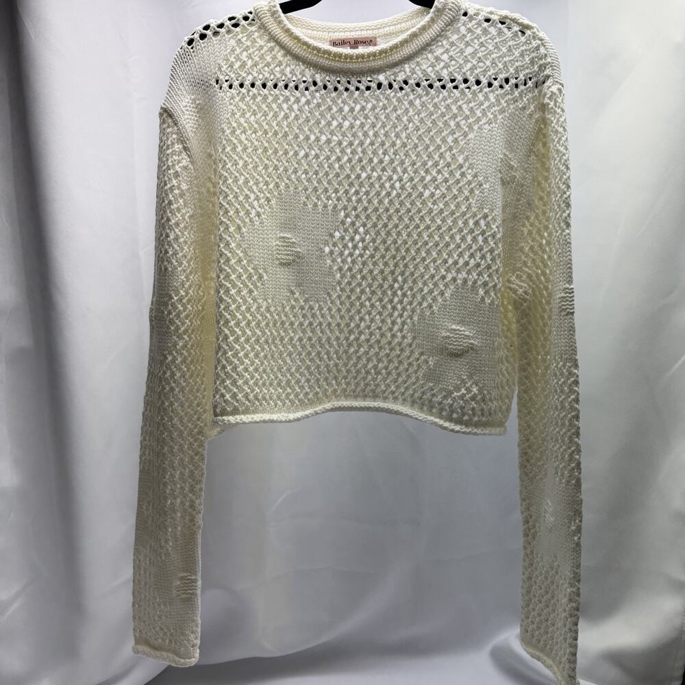 Bailey Rose Crochet Sweater Women M Ivory Open Knit Cropped Boho Long Sleeve Y2K